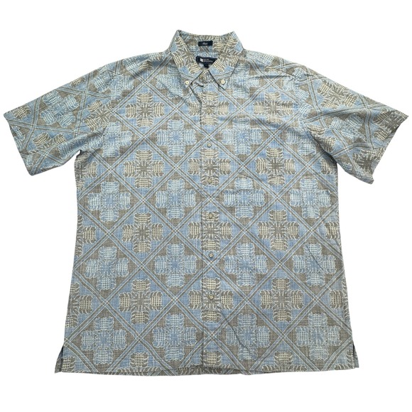 Reyn Spooner Shirt Mens Large Blue Gray Hawaiian Floral Classic Button Up Casual - Picture 1 of 8